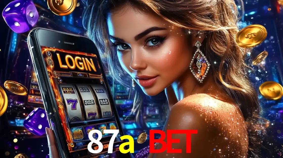 Mulher glamorosa segurando um smartphone com a tela de login para os jogos de caça-níqueis do cassino online 87a bet, com moedas de ouro e dados ao redor.