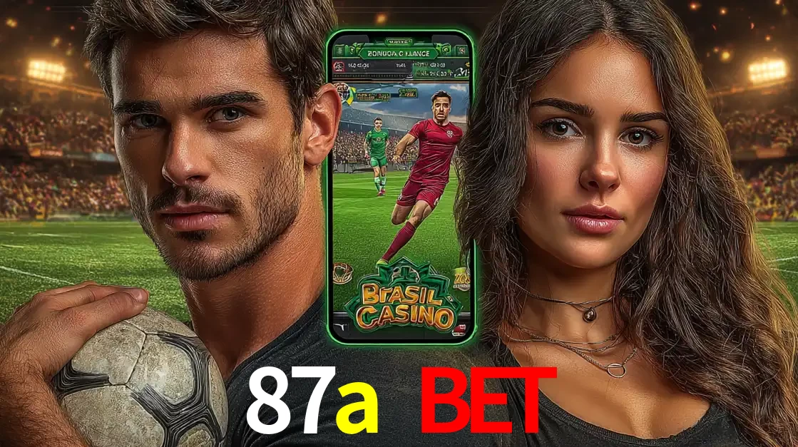 Homem segurando uma bola de futebol e uma mulher ao lado de um smartphone exibindo o jogo de apostas esportivas da 87a bet. Faça seu palpite no cassino online.